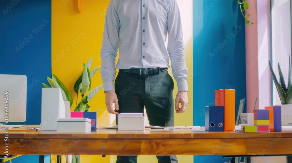 Aufkleber Office worker stands apart in a colorful workspace while contemplating tasks amidst colleagues during a busy workday