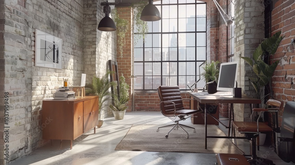 Poster an office worker engaged in tasks in a spacious loft office with large windows and a stylish decor, 