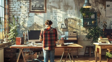 Office worker at a rustic wooden desk in a cozy, well-lit studio space with plants and creative decor during daylight hours