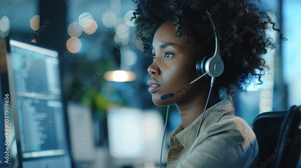 Poster focused office worker in a bustling call center utilizing a headset to assist customers during peak 
