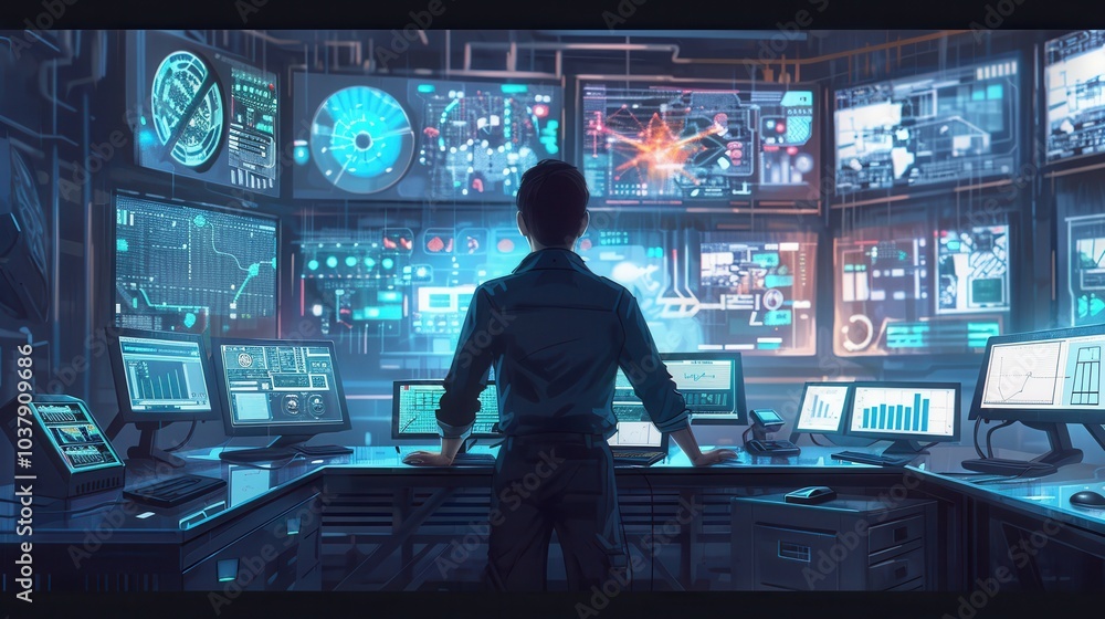 Aufkleber Office worker analyzing data on multiple screens in a tech company's control room during a busy workday