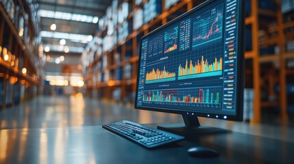 Modern Warehouse with Computer Displaying Stock Market Data in Industrial Setting