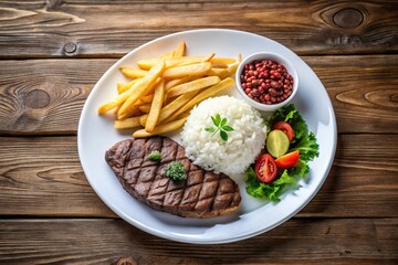 Minimalist meal consisting of white plate with rice, beans, steak, and chips on wooden background