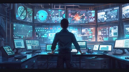 Office worker analyzing data on multiple screens in a tech company's control room during a busy workday