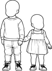 Black Line Art Cutie Baby Friendship Brotherhood Standing Pose Hand Drawn Illustration