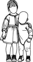 Black Line Art Cutie Baby Friendship Brotherhood Standing Pose Hand Drawn Illustration