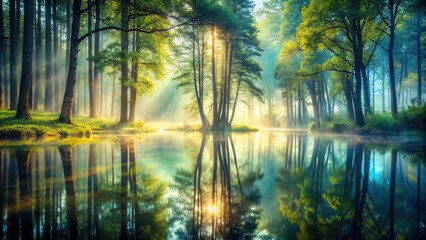 mystic forest reflection on water at ethereal morning light