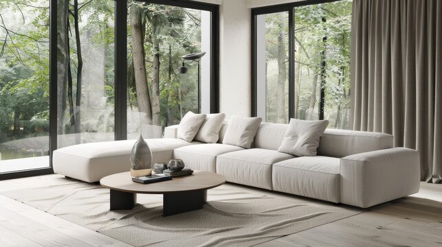 A living room with a white couch, a coffee table, and a vase. The room has a modern and minimalist design, with a large window that lets in natural light. The curtains are drawn, creating a cozy