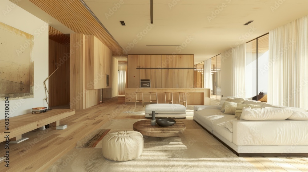 Poster a large living room with a wooden floor and a white couch. the room has a modern and minimalist desi