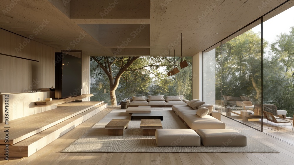 Aufkleber a large living room with a tree in the background and a large window. the room is filled with furnit