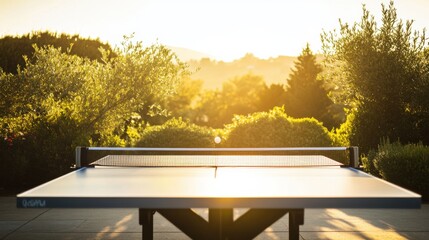 Naklejka premium A serene outdoor table tennis area with a well-maintained table and neatly arranged paddles, surrounded by manicured gardens and a bright sky, early morning light adding a peaceful touch