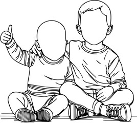 Black Line Art Cutie Baby Friendship Brotherhood Sitting Pose Hand Drawn Illustration