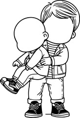Black Line Art Cutie Baby Friendship Brotherhood Standing Pose Hand Drawn Illustration