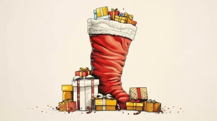 A festive minimalist drawing of a Christmas stocking overflowing with colorful gifts and presents for holiday cheer and celebration