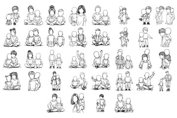 Bundle Black Line Art Cutie Baby Friendship Brotherhood Hand Drawn Illustration