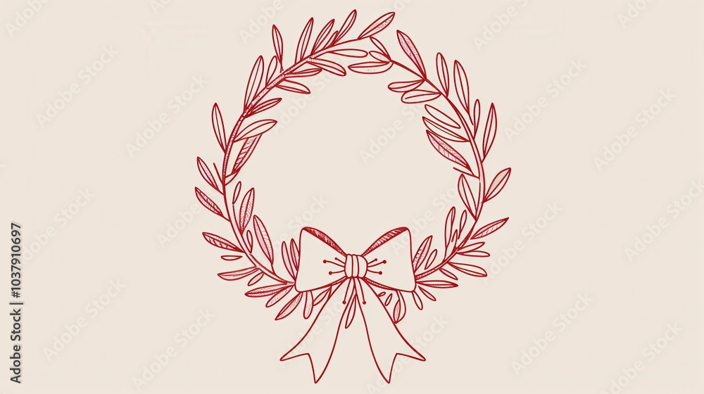 Poster minimalistic line art of a holiday wreath with a simple bow, capturing the warmth of the festive sea