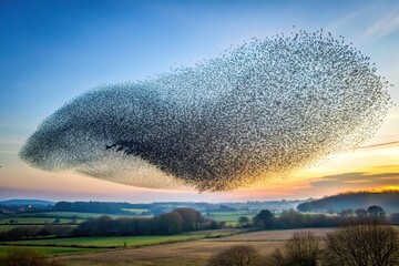 murmuration of starlings flying in the sky