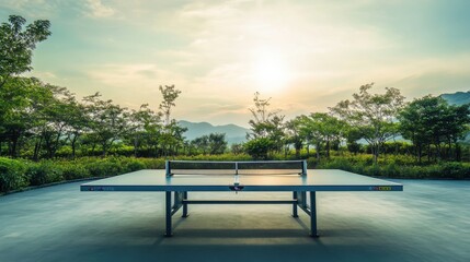 Obraz premium A serene outdoor table tennis court with a well-maintained table and neatly arranged paddles, surrounded by manicured gardens and a bright sky, early morning light enhancing the tranquil setting