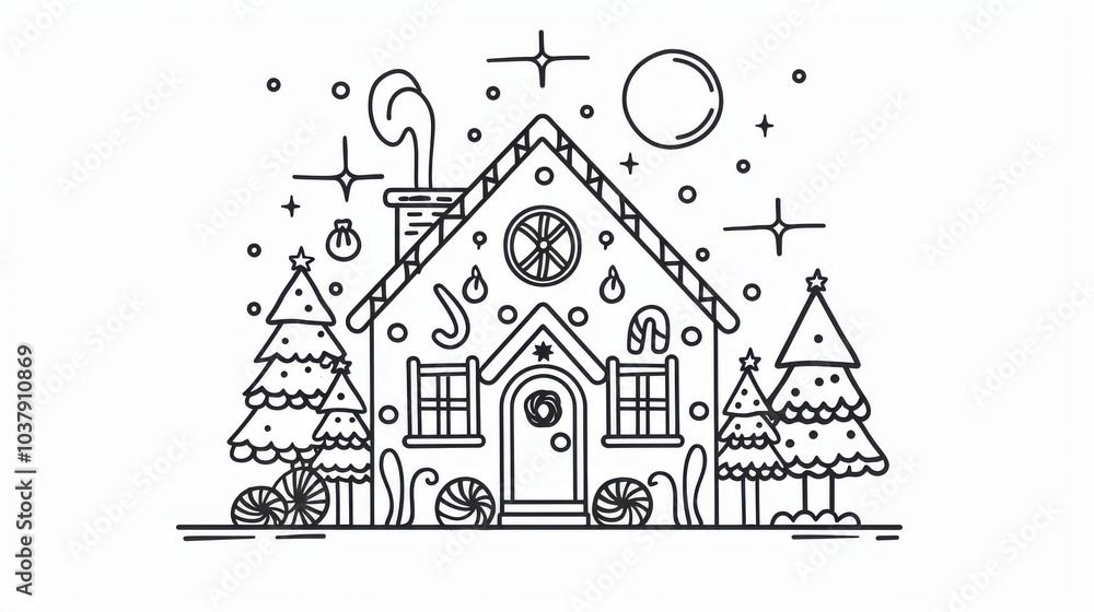 Poster a minimalistic line art depiction of a festive gingerbread house surrounded by trees, capturing holi