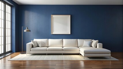 Fototapeta premium Modern white sectional sofa against dark blue wall with artwork