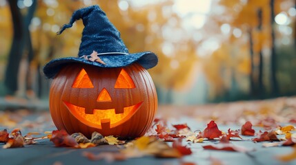 Naklejka premium Cheerful pumpkin with a witch hat surrounded by autumn leaves.