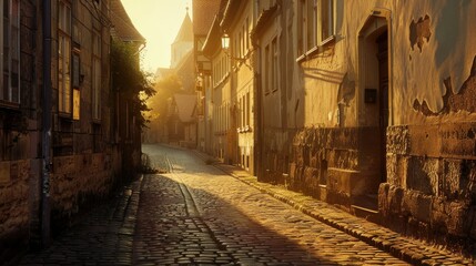 Fototapeta premium A beautiful sunrise in a historic European town with cobblestone streets and charming architecture