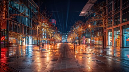 A city street at night with a lot of lights and a few people walking. The street is wet from the rain and the lights are reflecting on the wet pavement