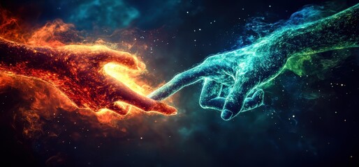 A cosmic depiction of two hands reaching out, illuminated by vibrant colors, symbolizing connection and creativity.