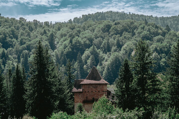 Secluded stone building surrounded by lush green forest in a mountainous landscape during daylight