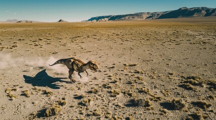 Aerial view of a Tyrannosaurus Rex sprinting across the barren landscape of Patagonia while hunting smaller prehistoric creatures