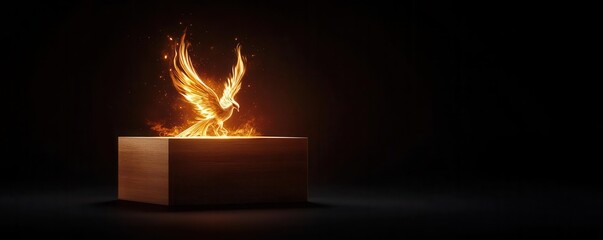 Fototapeta premium Firebird emerging from wooden box, dark background.