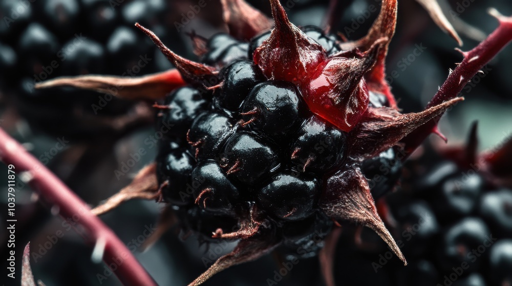 Poster a close up of a blackberry with a red spot on it