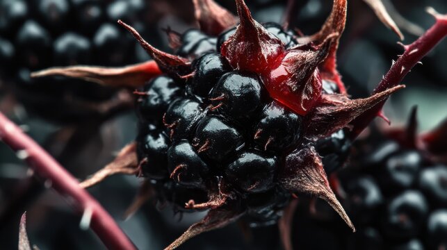 A close up of a blackberry with a red spot on it