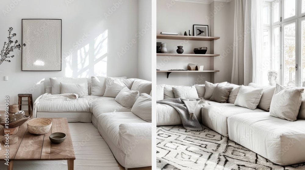 Aufkleber the first image shows a white couch with a white rug and a coffee table. the mood of the first image