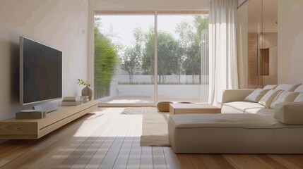 Fototapeta premium A living room with a large white couch and a flat screen TV. The room is bright and airy, with a large window letting in natural light. The couch is positioned in front of the TV