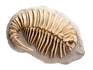 close-up of a trilobite fossil in stone showing detailed exoskeleton on isolated background
