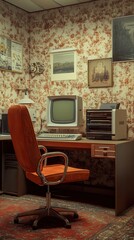 Vintage Office Interior with Retro Computer and Desk