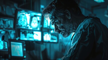 A man is sitting in front of a computer monitor with a blue screen. He is wearing a lab coat and he is in a lab