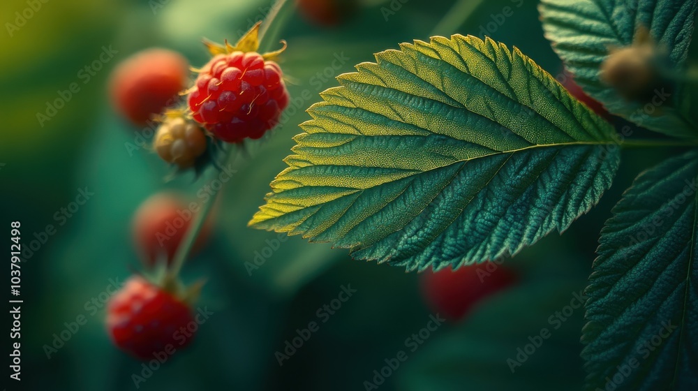 Poster a close up of a leaf with a bunch of red berries on it