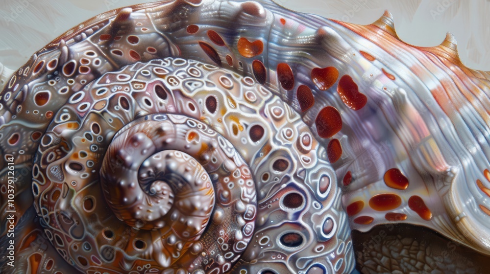 Poster A painting of a shell with a spiral pattern and red spots. The shell is surrounded by a white background