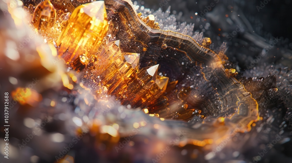 Poster a close up of a large crystal formation with a golden hue. the crystals are scattered throughout the