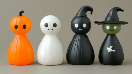 Obraz premium Colorful Halloween-themed decorations: pumpkin, ghost, witch, and spider.