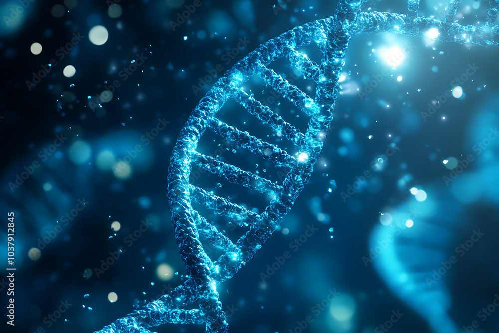 Poster a close-up view of a dna double helix illuminated in a blue, abstract background.