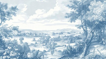 Classic toile wallpaper design featuring a pastoral landscape in soft blue and white tones enhancing an elegant interior space
