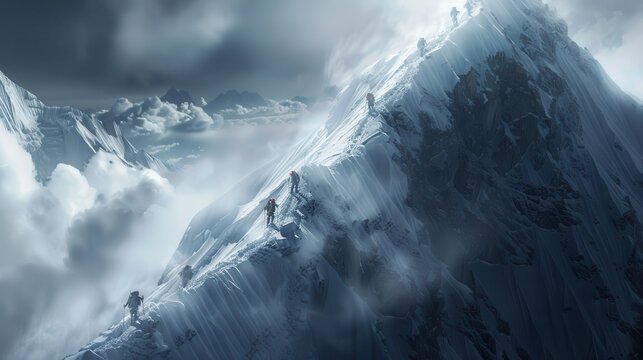 Climbers navigating the challenging Hillary Step on Mount Everest during a dramatic ascent in early morning light