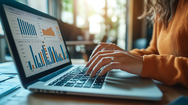 Analyzing Financial Data Businesswoman Reviews Detailed Reports on Laptop for Effective Decision Making