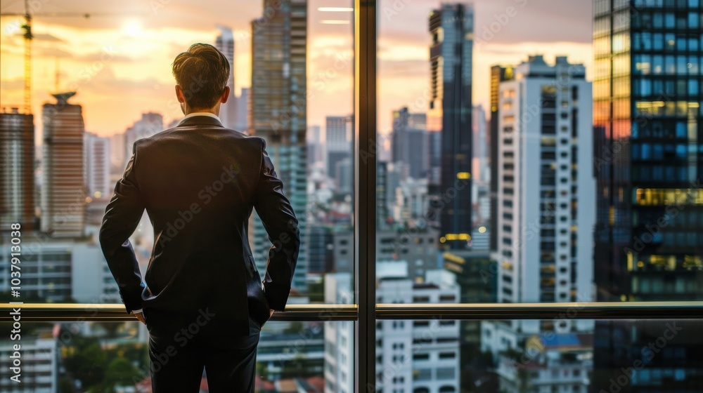 Aufkleber a man in a suit is looking out of a window at the city skyline. concept of ambition and determinatio