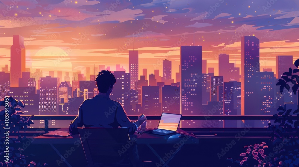 Aufkleber a man is sitting at a desk with a laptop in front of him. the city below him is lit up at night, cre