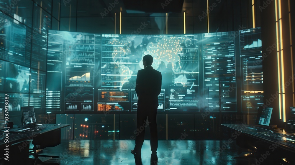 Poster a man stands in front of a computer monitor with a map of the world on it. he is wearing a suit and 