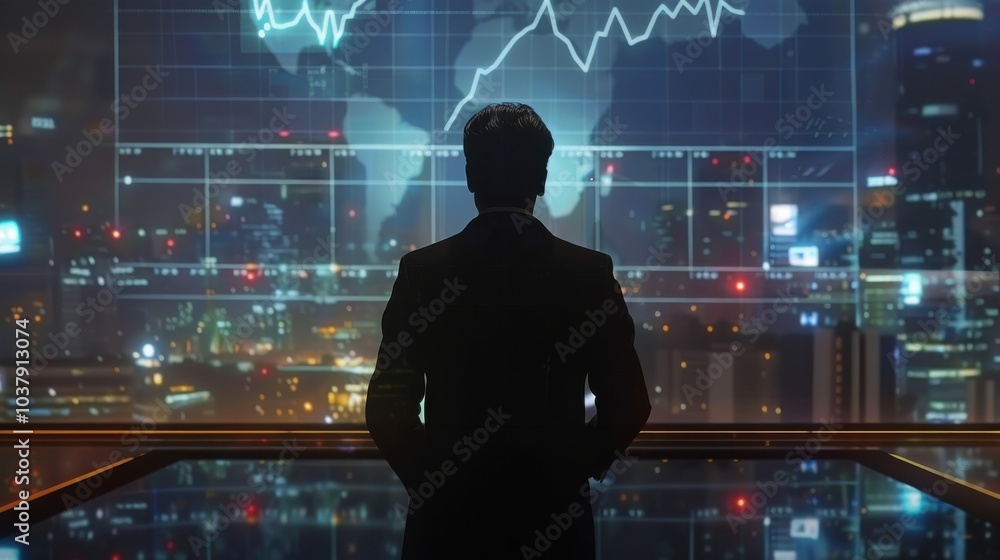 Poster a man in a suit is looking out a window at a cityscape. concept of isolation and contemplation, as t